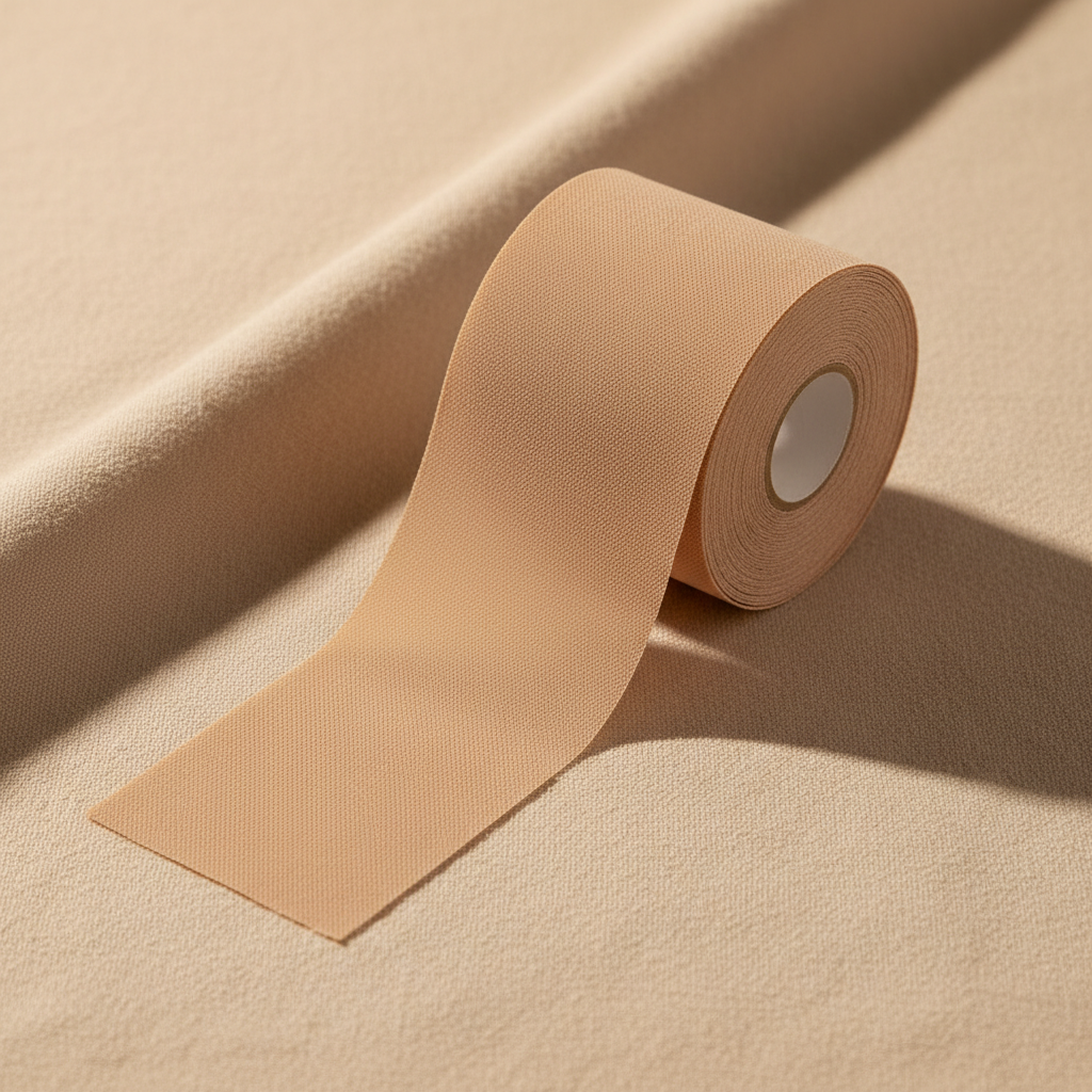 Angled product shot of nude boob tape roll on soft beige fabric, tape partially unrolled showing flat square edge, premium beauty brand style, warm studio light, soft shadow cast to the right, minimal aesthetic, high resolution, 1:1. no text