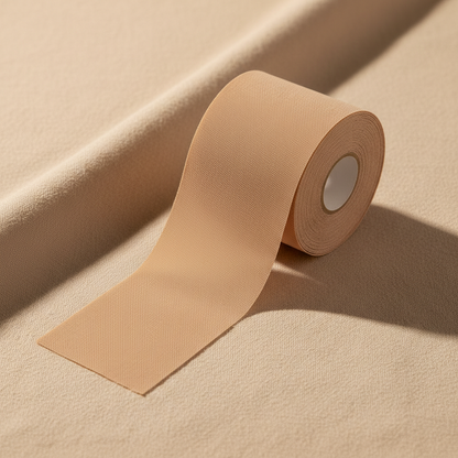 Angled product shot of nude boob tape roll on soft beige fabric, tape partially unrolled showing flat square edge, premium beauty brand style, warm studio light, soft shadow cast to the right, minimal aesthetic, high resolution, 1:1. no text
