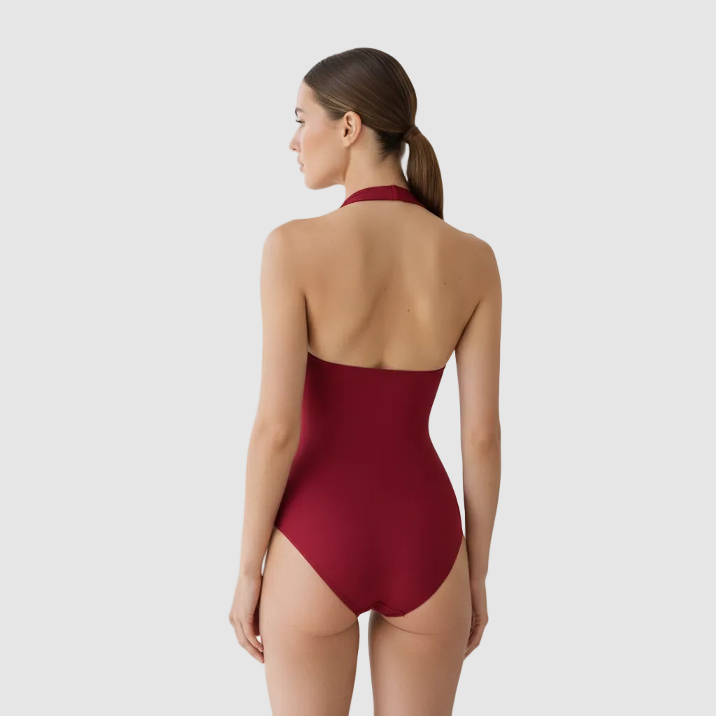 Back view, slim female model, 24 years old, light-medium skin, brown hair in ponytail, red halter sculpt bodysuit, high waist at natural waistline, smooth compression fabric, studio lighting, white luxury interior, photorealistic, 1:1. same as previous front render