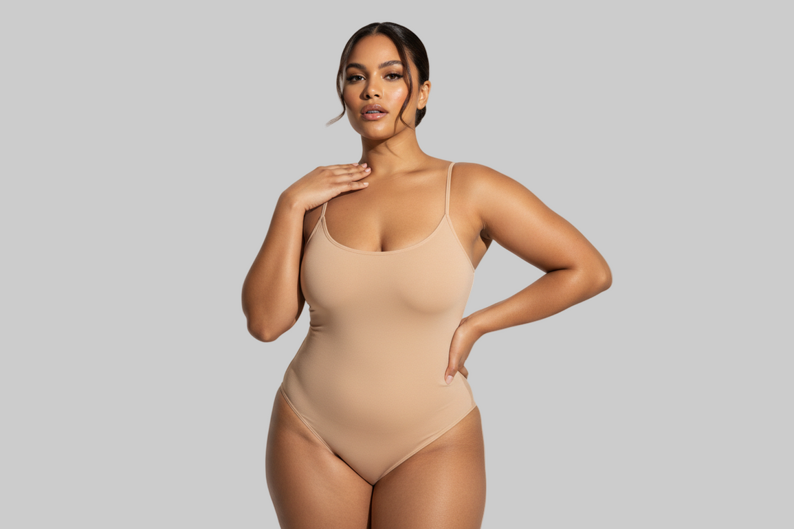 Curvy, bruine huid, low bun, 26 jaar, confident look.