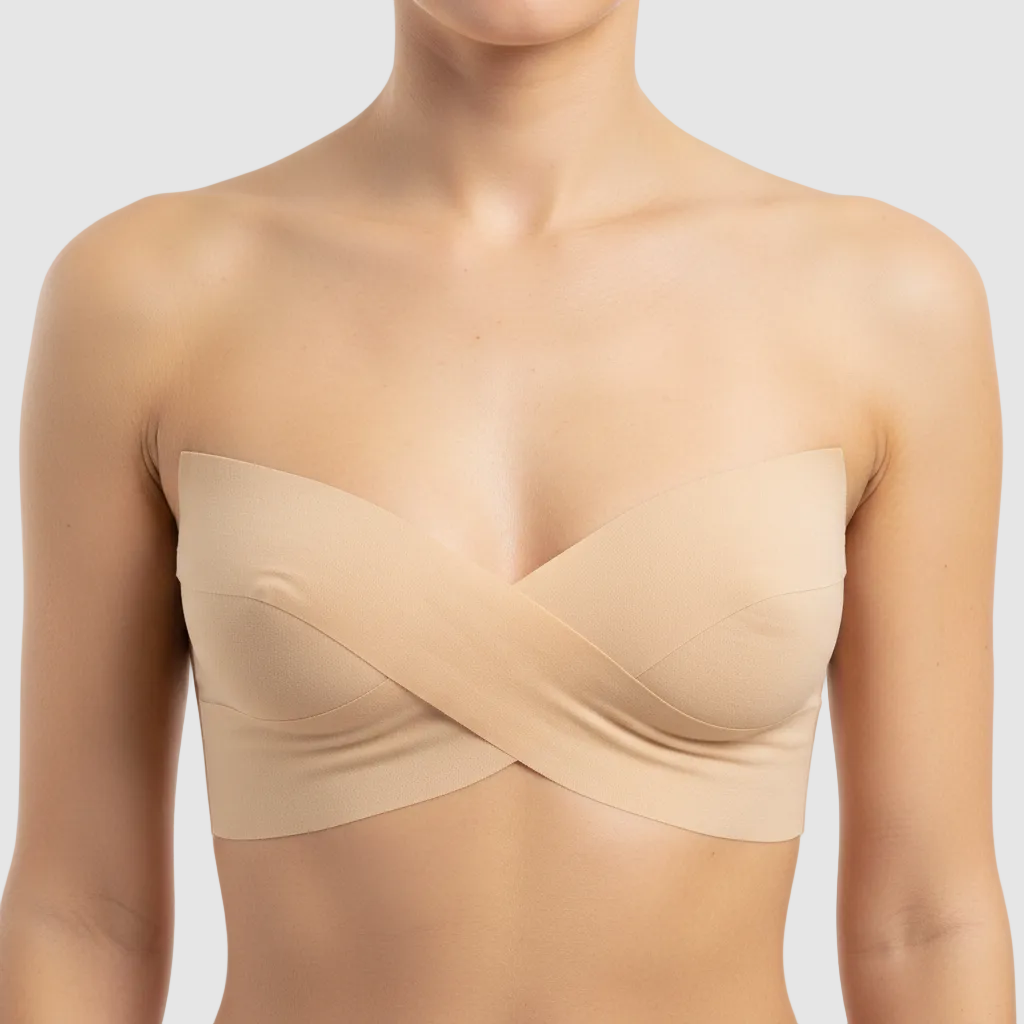 Front view female torso, boob tape light skin tone, 5cm wide tape visible, lifted bust effect, studio white background, clean lighting, realistic skin texture, ecommerce product photo, 1:1