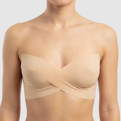 Front view female torso, boob tape light skin tone, 5cm wide tape visible, lifted bust effect, studio white background, clean lighting, realistic skin texture, ecommerce product photo, 1:1