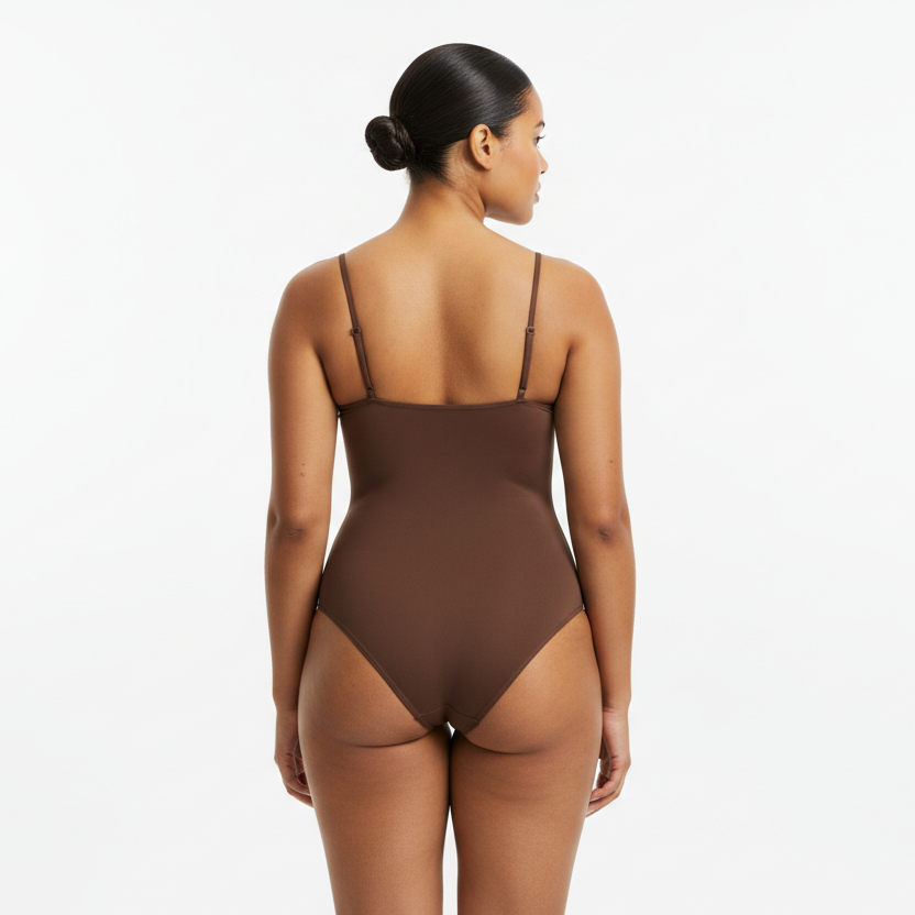 Professional 1:1 studio photo of the same woman. No change in face or body. Natural skin texture. Real pores. Natural imperfections. Thin shoulder straps. Shapewear bodysuit in bruin. Soft white studio lighting. Gentle shadow. Fashion photography look. Back view arms relaxed. Curvy. Warme bruine huid. Low bun. 26 jaar.