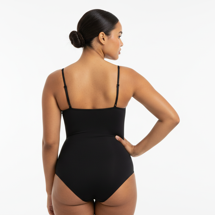 Professional 1:1 studio photo of the same woman. No change in face or body. Natural skin texture. Real pores. Natural imperfections. Thin shoulder straps. Shapewear bodysuit in zwart. Soft white studio lighting. Gentle shadow. Fashion photography look. Back view one hand on hip. Curvy. Warme bruine huid. Low bun. 26 jaar.