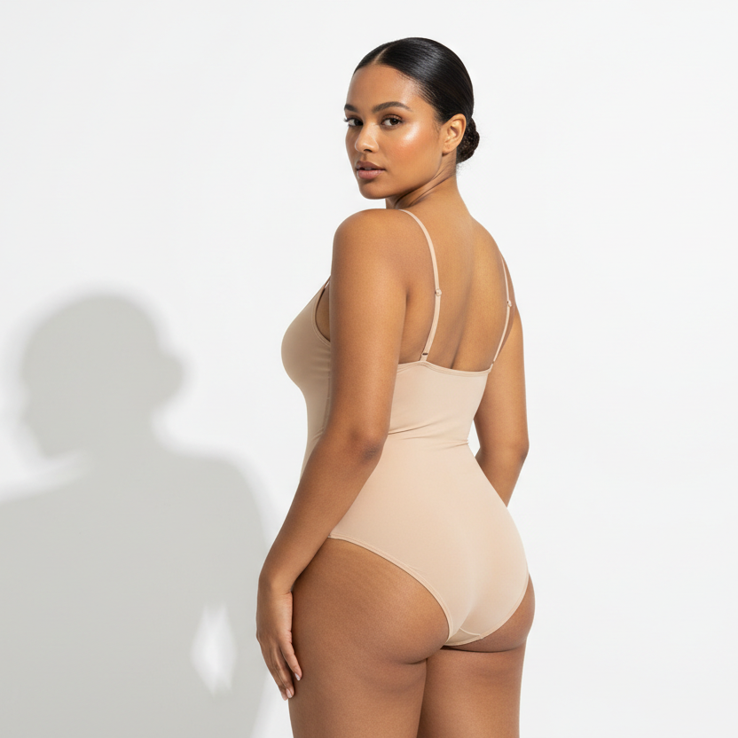 Professional 1:1 studiofoto van dezelfde vrouw. Geen verandering in gezicht of lichaam. Natural skin texture. Real pores. Dunne schouderbandjes. naadloos Shapewear bodysuit in nude. White studio. Zachte schaduw. Luxe fashion vibe. Sexy back POSE. Direct eye contact. Warme bruine huid. Low bun. 26 jaar. Curvy bouw. Real skin.