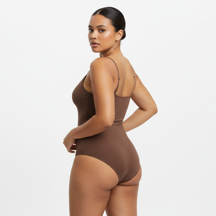 Professional 1:1 studiofoto van dezelfde vrouw. Geen verandering in gezicht of lichaam. Real skin texture. Natural imperfections. Dunne schouderbandjes. Shapewear bodysuit in bruin. Clean white studio. Zachte schaduw. Pose back view met één hand in de zij en hoofd licht gedraaid naar camera. Curvy. Bruine huid. Low bun. 26 jaar.
