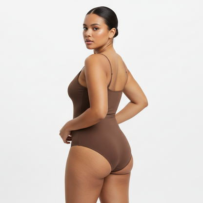 Professional 1:1 studiofoto van dezelfde vrouw. Geen verandering in gezicht of lichaam. Real skin texture. Natural imperfections. Dunne schouderbandjes. Shapewear bodysuit in bruin. Clean white studio. Zachte schaduw. Pose back view met één hand in de zij en hoofd licht gedraaid naar camera. Curvy. Bruine huid. Low bun. 26 jaar.