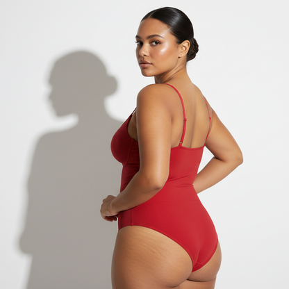 Professional 1:1 studiofoto van dezelfde vrouw. Geen verandering in gezicht of lichaam. Real skin texture. Natural imperfections. Dunne schouderbandjes. Shapewear bodysuit thongs in rood. Clean white studio. Zachte schaduw. Pose back view met één hand in de zij en hoofd licht gedraaid naar camera. Curvy, bruine huid, low bun, 26 jaar, confident look