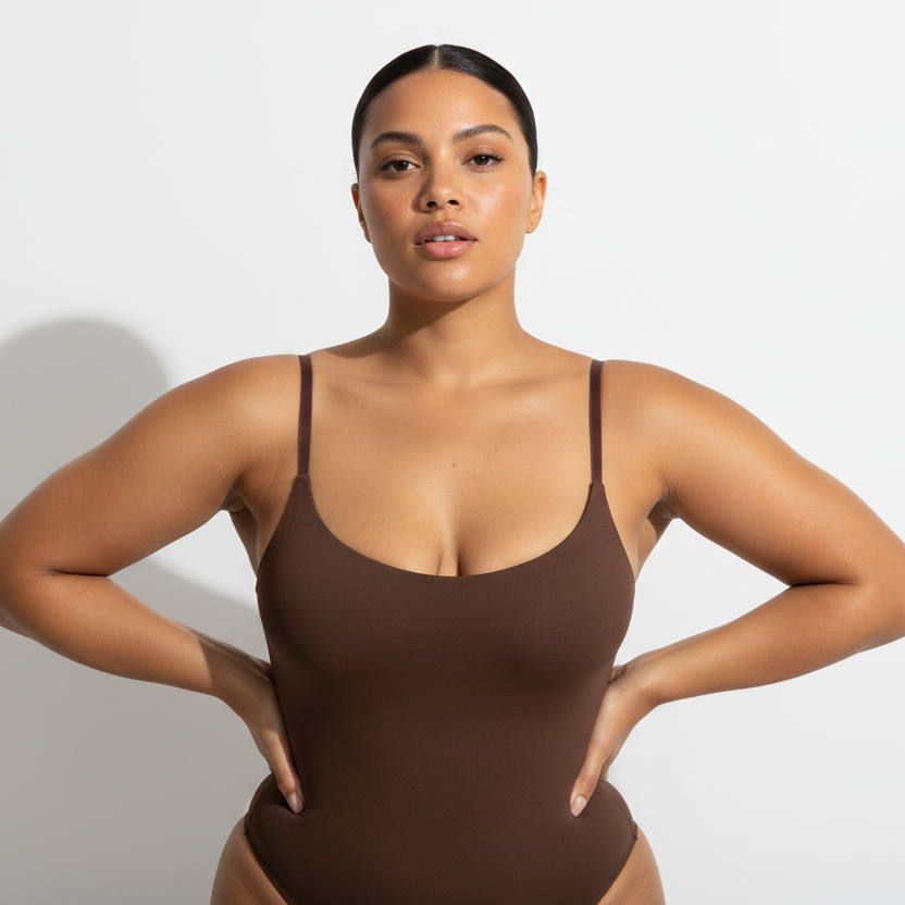 Professional 1:1 studiofoto van dezelfde vrouw. Geen verandering in gezicht of lichaam. Real skin texture. Real pores. Natural imperfections. Dunne schouderbandjes. Shapewear bodysuit in bruin. Clean white studio. Zachte schaduw. Direct eye contact. Pose handen in de zij met een lichte heupshift. Confident uitstraling. Curvy. Bruine huid. Low bun. 26 jaar.