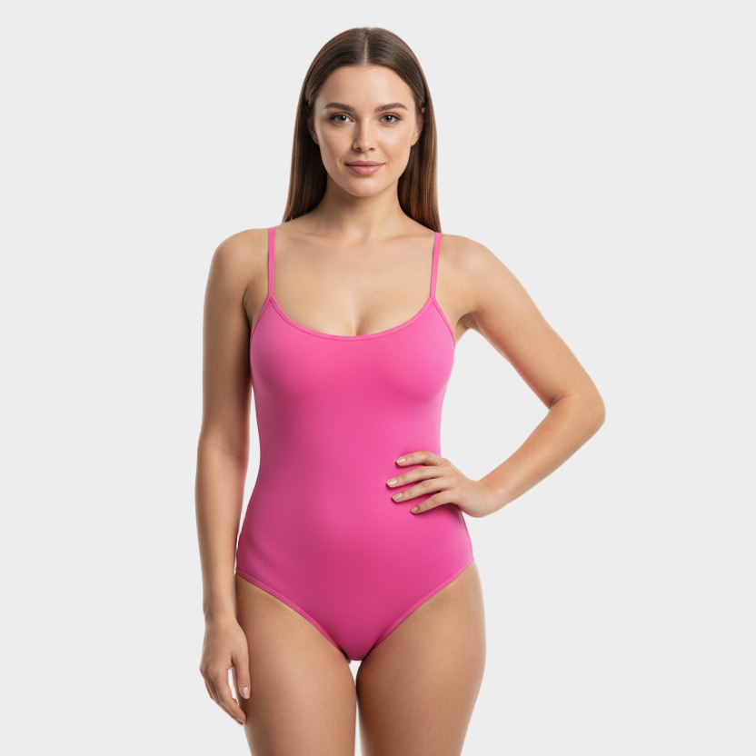 professional 1:1 studiofoto van dezelfde vrouw. geen verandering in gezicht of lichaam. real skin texture. real pores. natural imperfections. dunne schouderbandjes. shapewear bodysuit in kleur #f76bb4. smooth matte 4D stretch. clean white studio. pose front view met één hand in de zij en hoofd licht gedraaid naar camera. powerful confident. Lichte huid, slim thick body, straight hair mid length, 25 jaar, zachte confident blik.