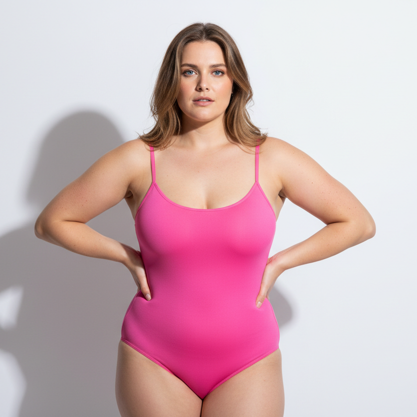 Professional 1:1 studiofoto van dezelfde vrouw. Geen verandering in gezicht of lichaam. Real skin texture. Real pores. Natural imperfections. Dunne schouderbandjes. Shapewear bodysuit in kleurcode #f76bb4. Clean white studio. Zachte schaduw. Direct eye contact. Pose handen in de zij met een lichte heupshift. Curvy, lichte huid, licht bruin haar, los haar, 34 jaar, blue brown eyes, confident look. 