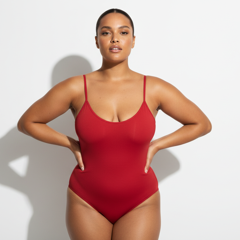 Professional 1:1 studiofoto van dezelfde vrouw. Geen verandering in gezicht of lichaam. Real skin texture. Real pores. Natural imperfections. Dunne schouderbandjes. Shapewear bodysuit in rood. Clean white studio. Zachte schaduw. Direct eye contact. Pose handen in de zij met een lichte heupshift. Confident uitstraling. Curvy. Bruine huid. Low bun. 26 jaar.