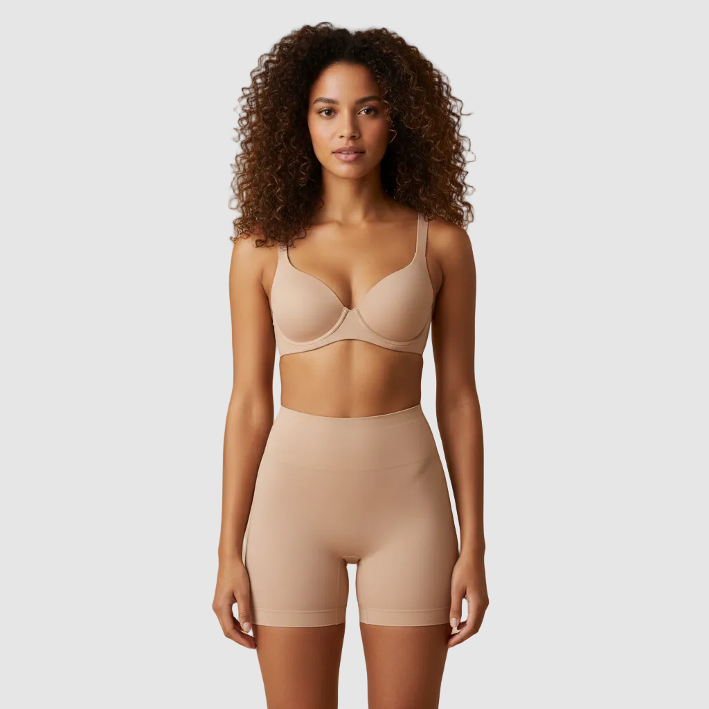 Studio photo, same female model, 28 years old, vol tan skin, tight natural curls. Wearing nude high-waisted sculpt shorts and matching bra. Front view. High-waisted sculpt shorts ending mid-thigh, approx 8–10 cm above the knee, straight hem. Smooth compression. Clean light beige background. Ultra realistic. 800x800.
