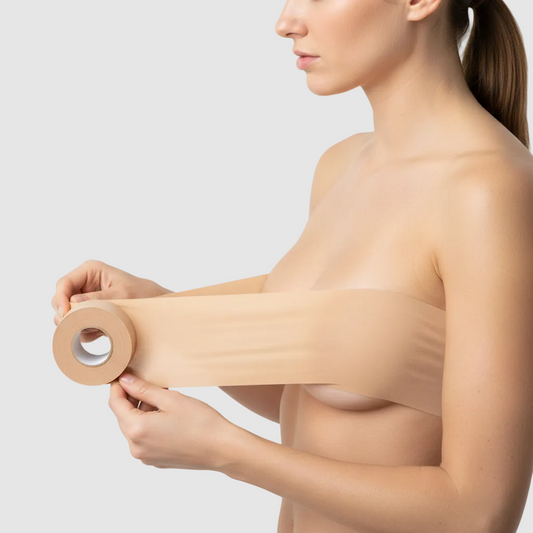 Ultra-realistic studio photo, side profile female model, applying wide boob tape, clearly 5 cm width, nude beige color.
Tape lies flat and broad across the breast, width visibly emphasized.
Hands positioned to show scale.
Natural skin texture, soft studio lighting, white background.
Premium e-commerce product photo, photorealistic, 1:1, no text, no graphics.
