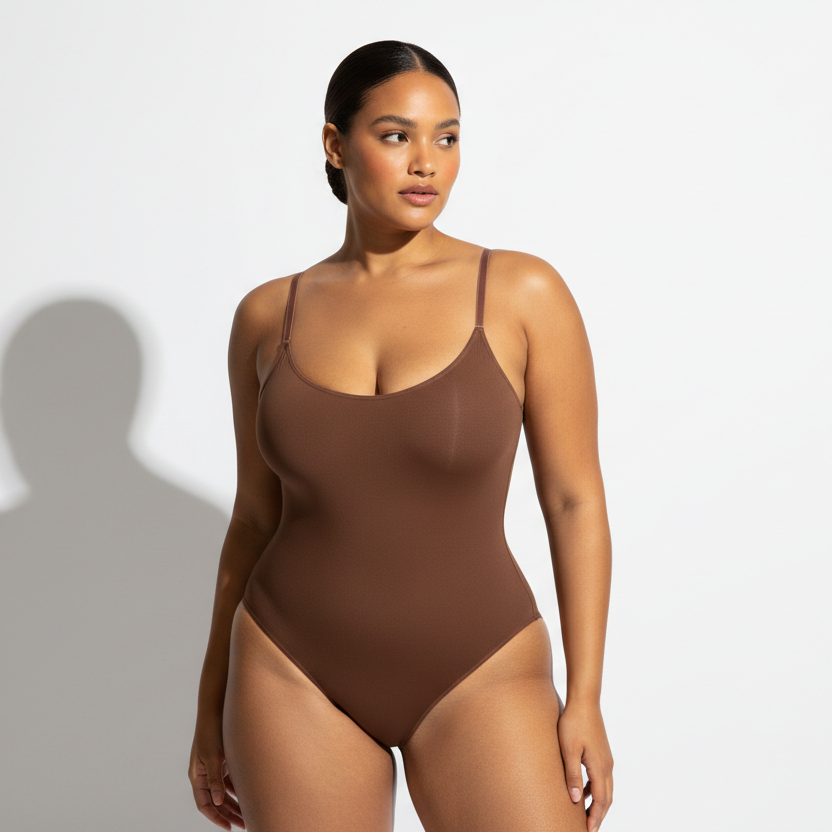 Ultra realistische 1:1 foto van dezelfde vrouw als vorige render. Geen verandering in gezicht en lichaam. Dunne schouderbandjes. Shapewear bodysuit in bruin. White studio. Zachte schaduw. Luxe ecom vibe. Realistische huid. POSE. MODEL.Curvy. Bruine huid. Low bun. 26 jaar.Heup licht gedraaid. Relaxed