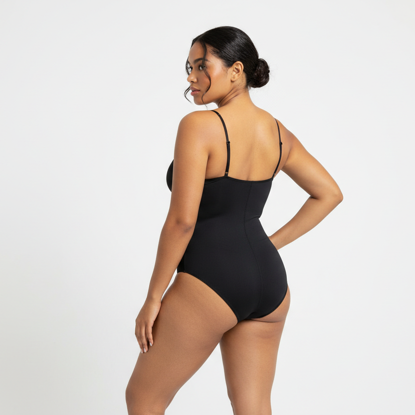 Zwart achterkant
Professional 1:1 studiofoto van dezelfde vrouw. Geen verandering in gezicht of lichaam. Real skin texture. Natural imperfections. Dunne schouderbandjes. Shapewear bodysuit in zwart. Clean white studio. Zachte schaduw. Pose back view met één hand in de zij en hoofd licht gedraaid naar camera. Curvy. Bruine huid. Low bun. 26 jaar.