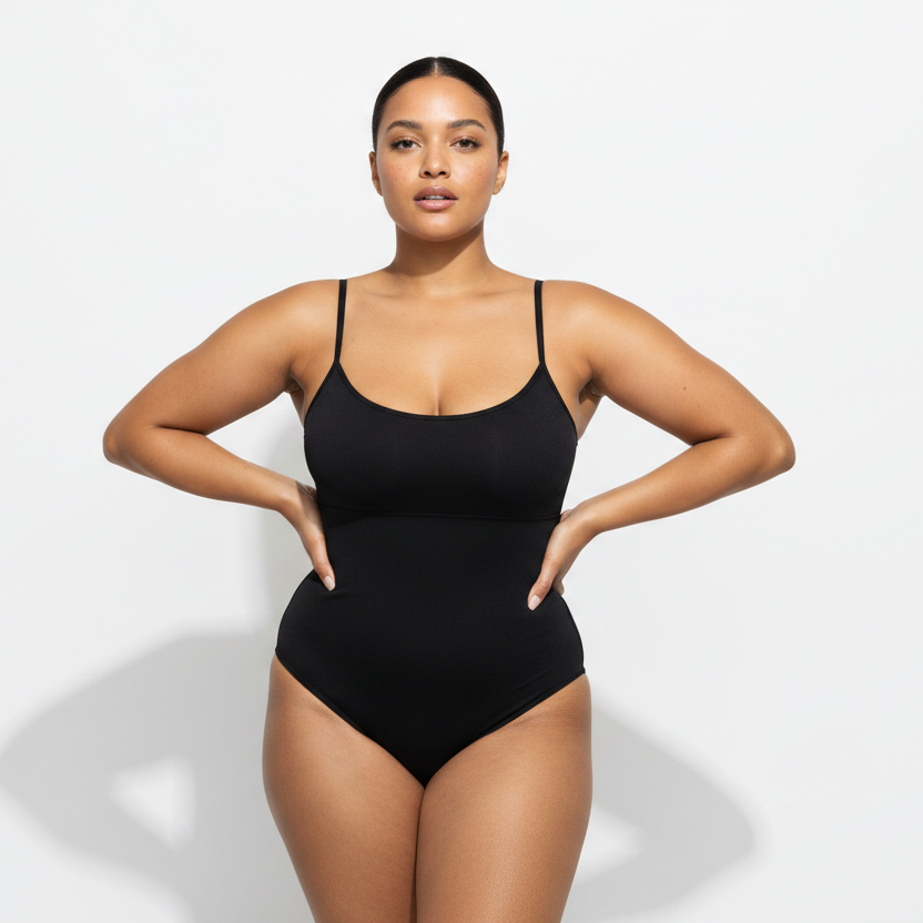 Zwart voorkant
Professional 1:1 studiofoto van dezelfde vrouw. Geen verandering in gezicht of lichaam. Real skin texture. Real pores. Natural imperfections. Dunne schouderbandjes. Shapewear bodysuit in zwart. Clean white studio. Zachte schaduw. Direct eye contact. Pose handen in de zij met een lichte heupshift. Confident uitstraling. Curvy. Bruine huid. Low bun. 26 jaar.