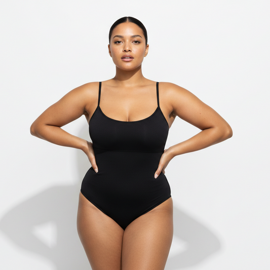 Zwart voorkant
Professional 1:1 studiofoto van dezelfde vrouw. Geen verandering in gezicht of lichaam. Real skin texture. Real pores. Natural imperfections. Dunne schouderbandjes. Shapewear bodysuit in zwart. Clean white studio. Zachte schaduw. Direct eye contact. Pose handen in de zij met een lichte heupshift. Confident uitstraling. Curvy. Bruine huid. Low bun. 26 jaar.